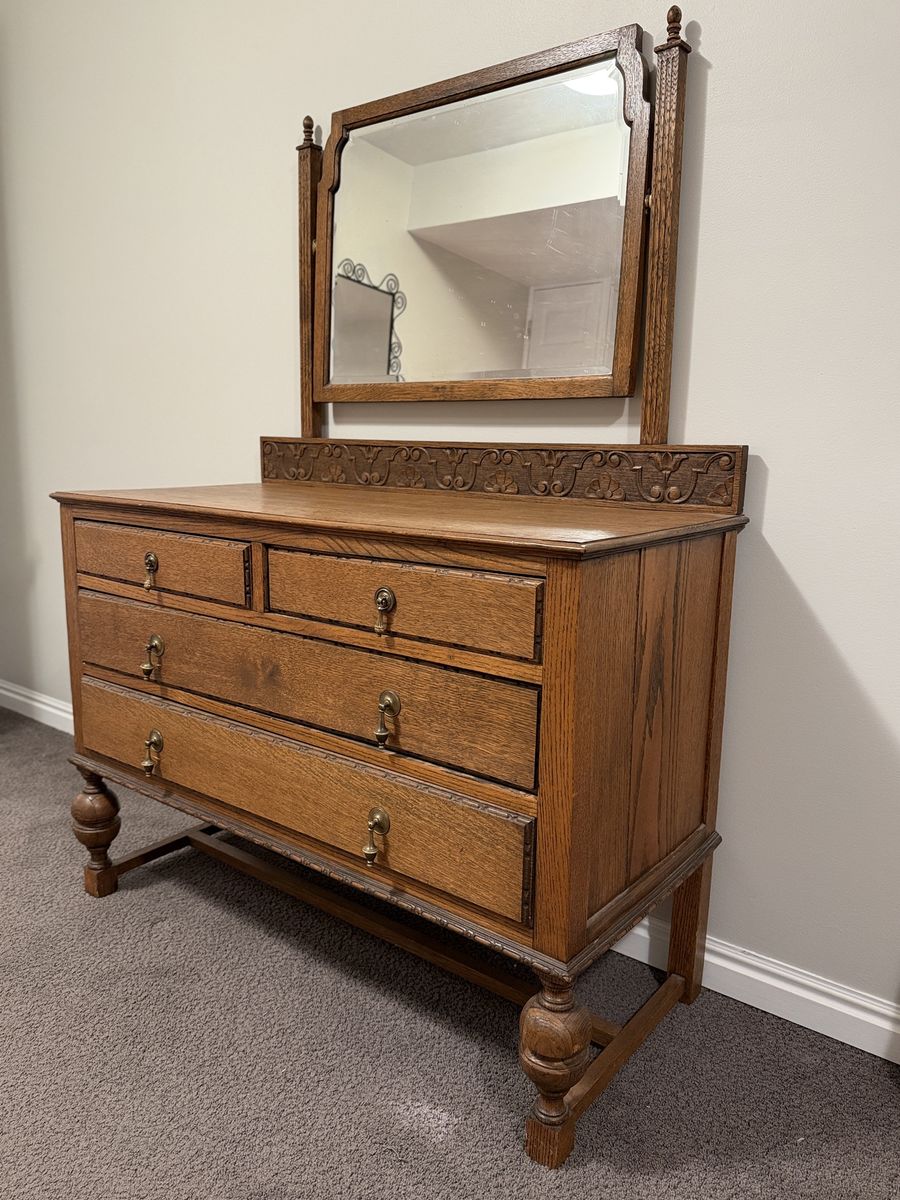 Antique Oak Dresser with Beveled Mirror - Carved Details & Brass Hardware - Unique Vintage Furniture Piece