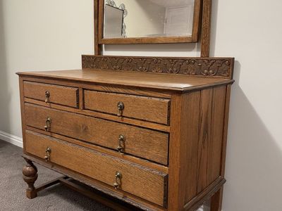 Antique Oak Dresser with Beveled Mirror - Carved Details & Brass Hardware - Unique Vintage Furniture Piece