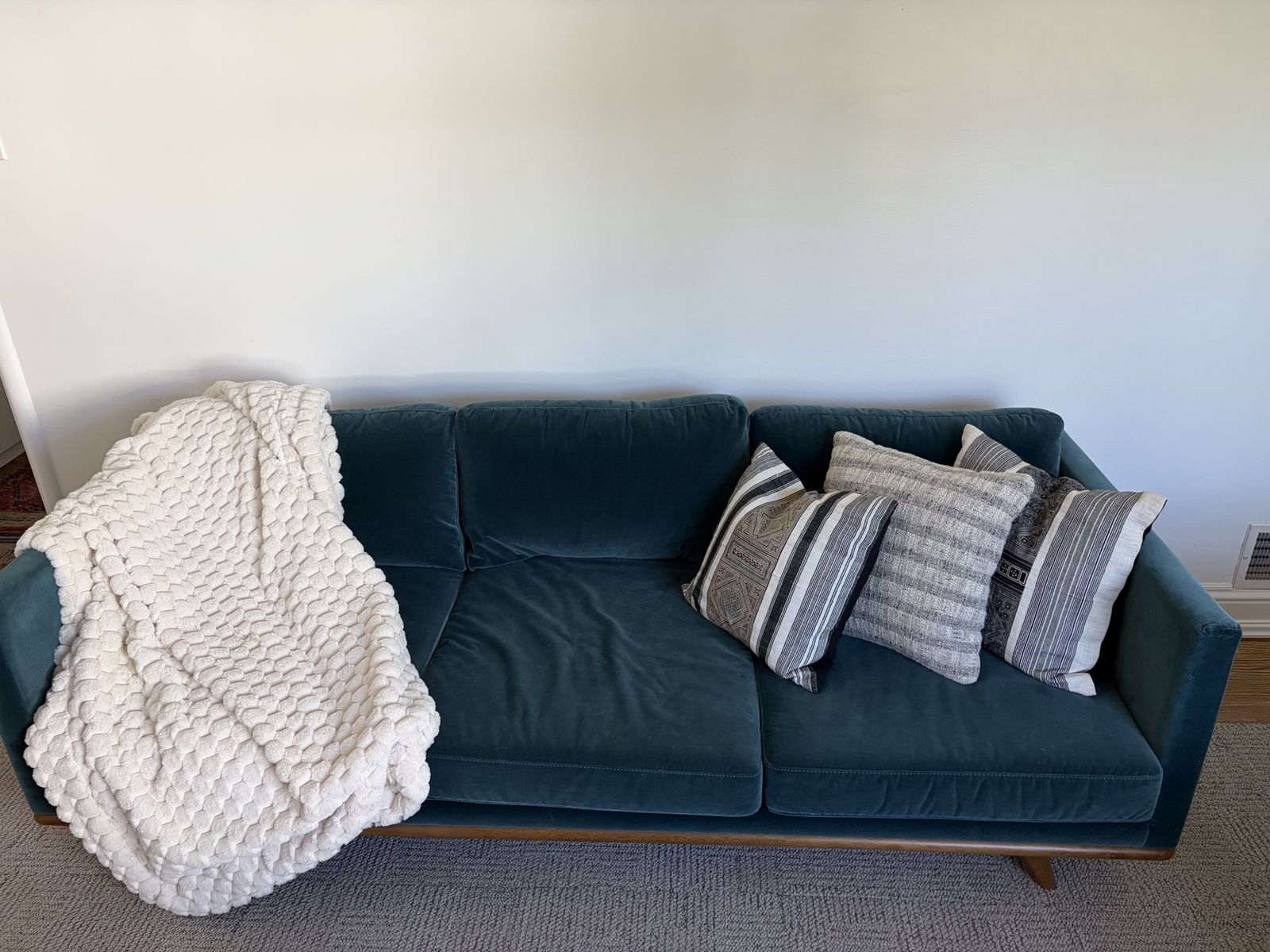 Velvet Sofa with Wood Base - Modern Three-Cushion Designer Sofa