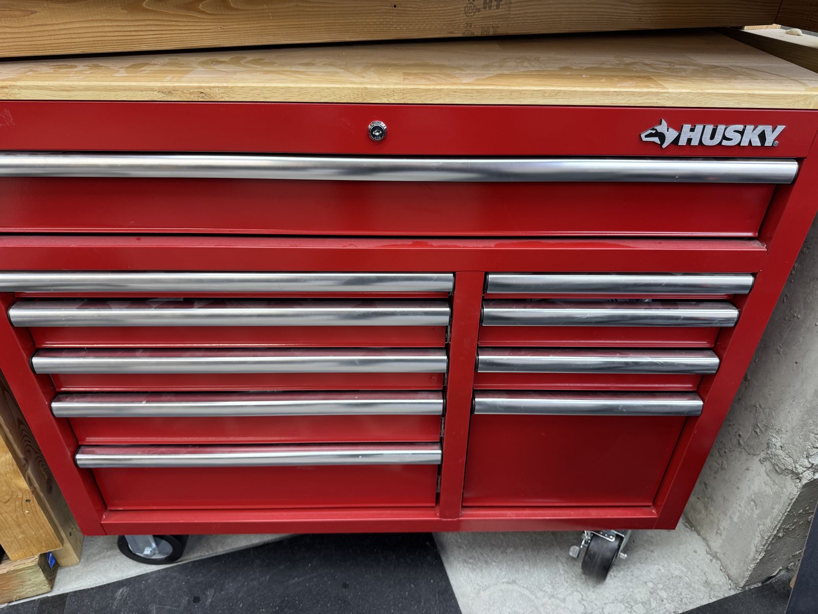 Husky 42 in. W x 18.1 in. D Standard Duty 10-Drawer Mobile Workbench Tool box with Solid Wood Top in Gloss Red