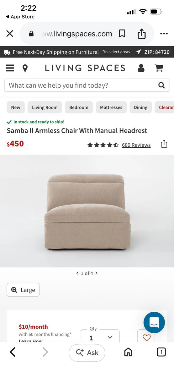 Living Spaces Samba II Armless Recliner Chair with Manual Headrest - Beige