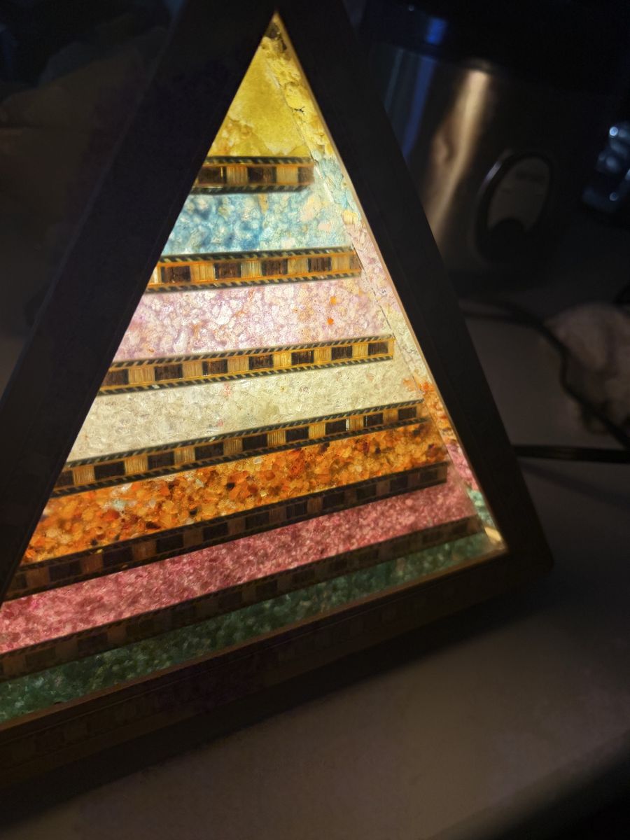 Vintage Pyramidal Accent Lamp - Multicolored Inlaid Resin & Wood Table Light