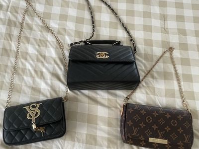 Assorted designer like Women's Chain Strap Crossbody Bags - Chanel Black Quilted, LV Monogram Style, VS Logo