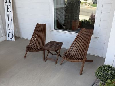 Acacia Wood Patio Lounge Set. 2 Chairs & Table