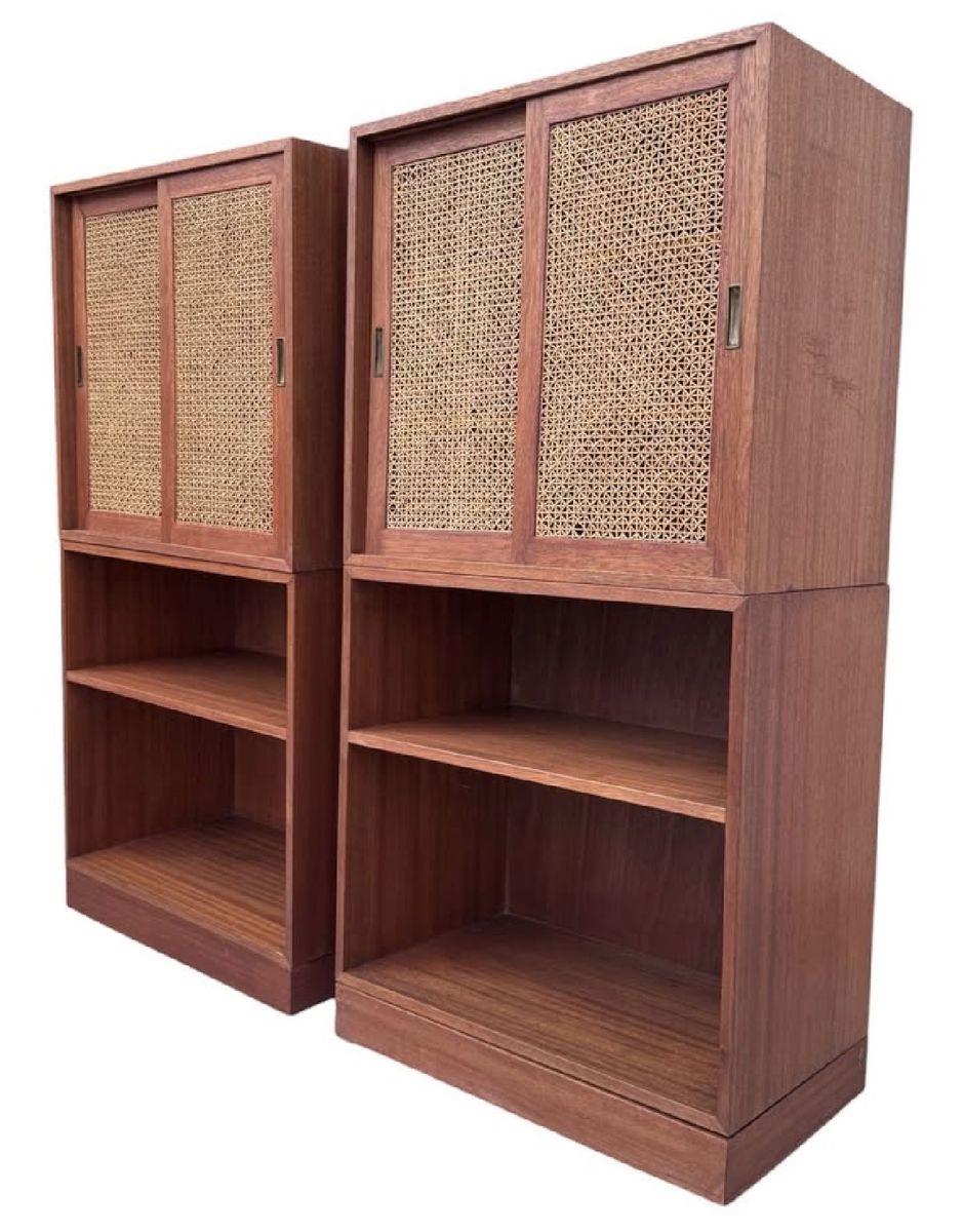 Mid-Century Modern Teak Bookshelves with Cane Sliding Doors (Pair)