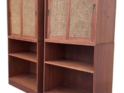 Mid-Century Modern Teak Bookshelves with Cane Sliding Doors (Pair)