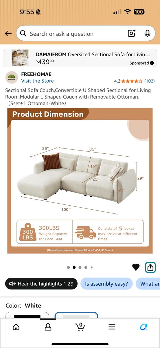 FREEHOMAE White Modular Sectional Sofa Couch with Removable Ottoman