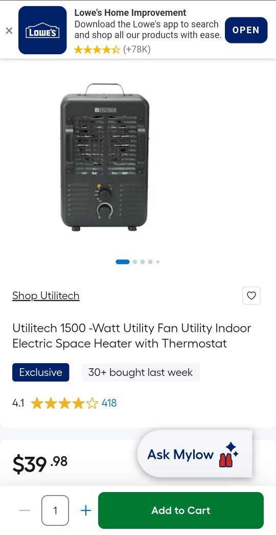 Utilitech 1500-Watt Utility Fan Indoor Electric Space Heater with Thermostat