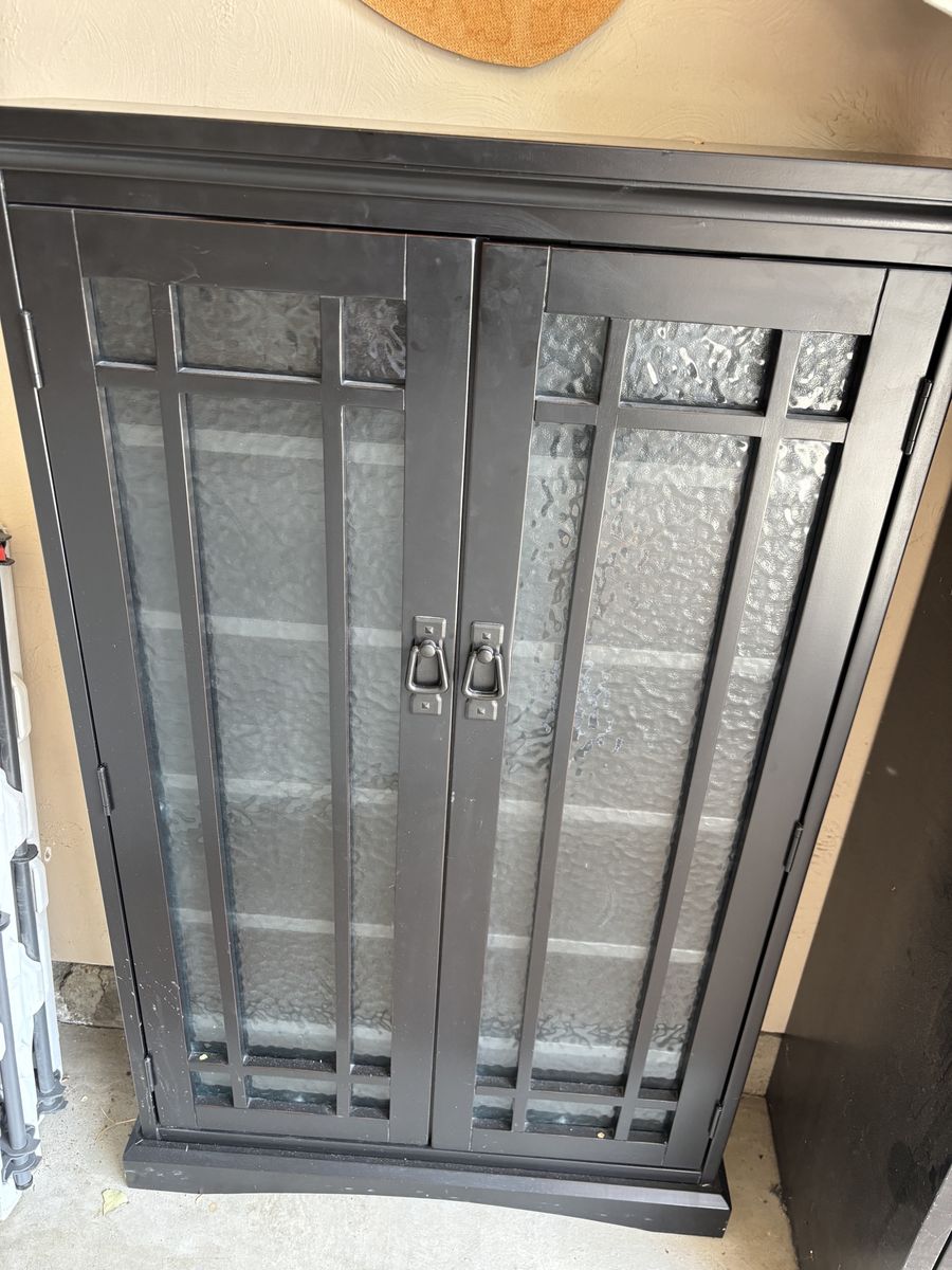 Black Wooden Display Cabinet with Textured Glass Doors