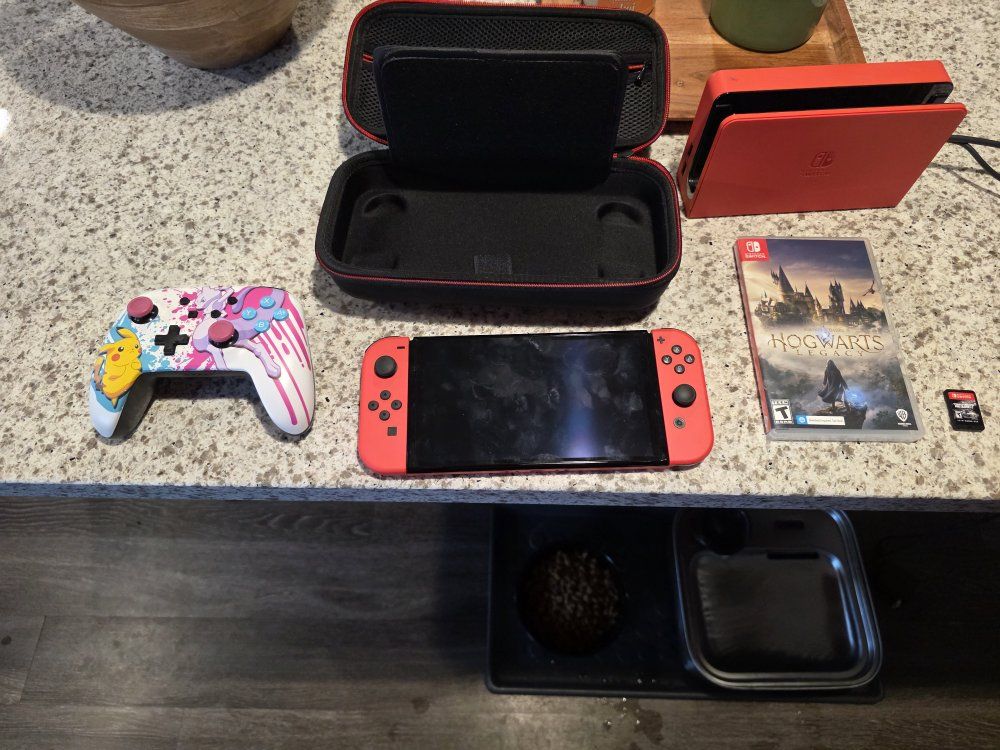 Nintendo Switch OLED Model Red Console Bundle w/ Pikachu Controller & 2 Games