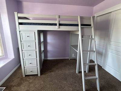 New . Grey. Loft Bed with Desk, Drawers, and Shelves and matching chest of drawers.