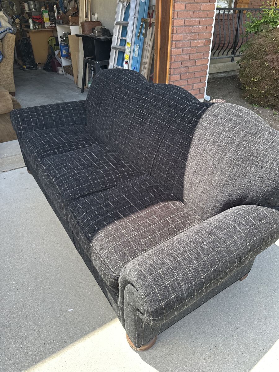 Classic Black Plaid Upholstered Couch - Comfortable 3-Seater Sofa
