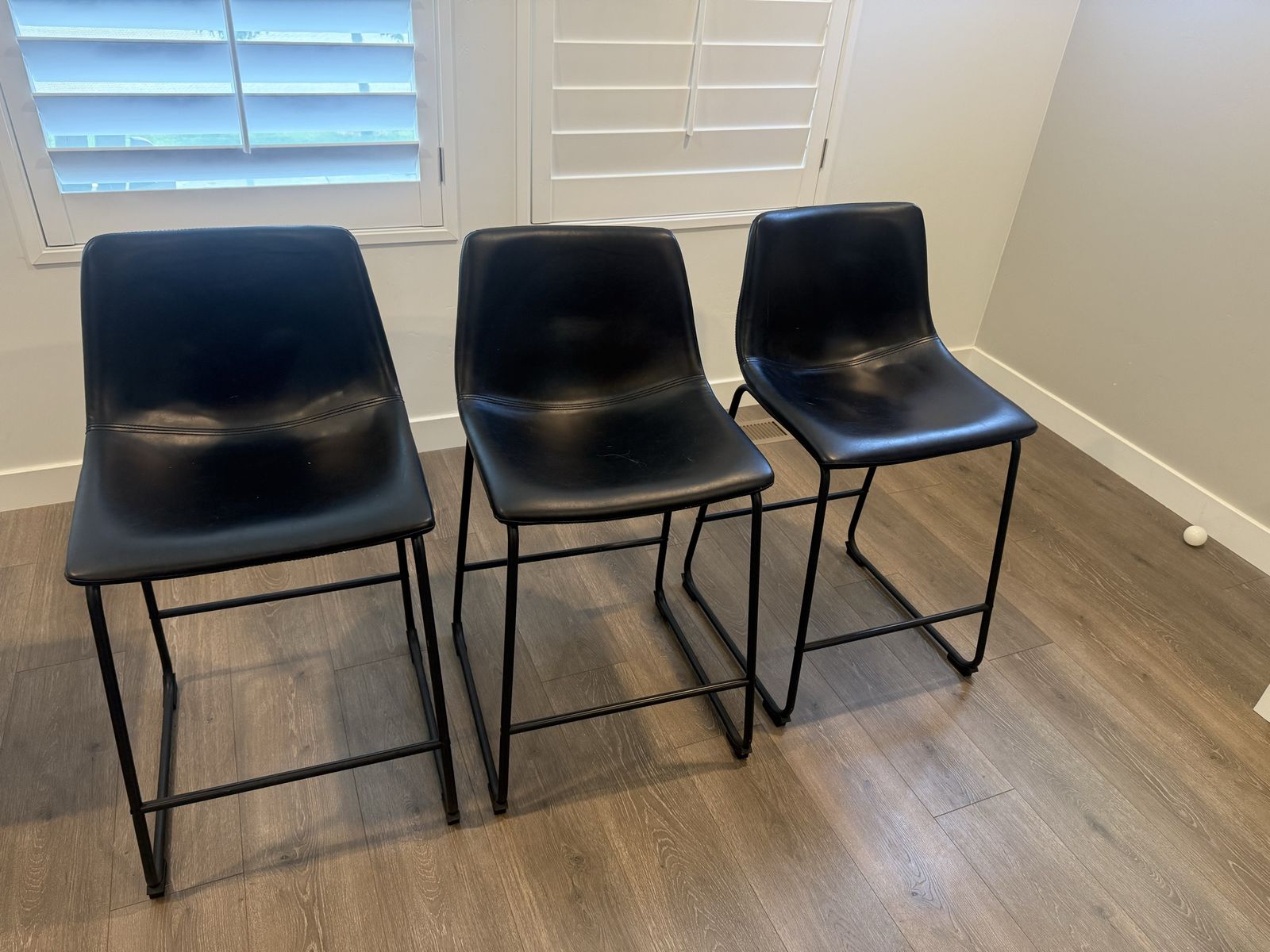 Set of 3 Black Faux Leather & Metal Bar Stools - Counter Height