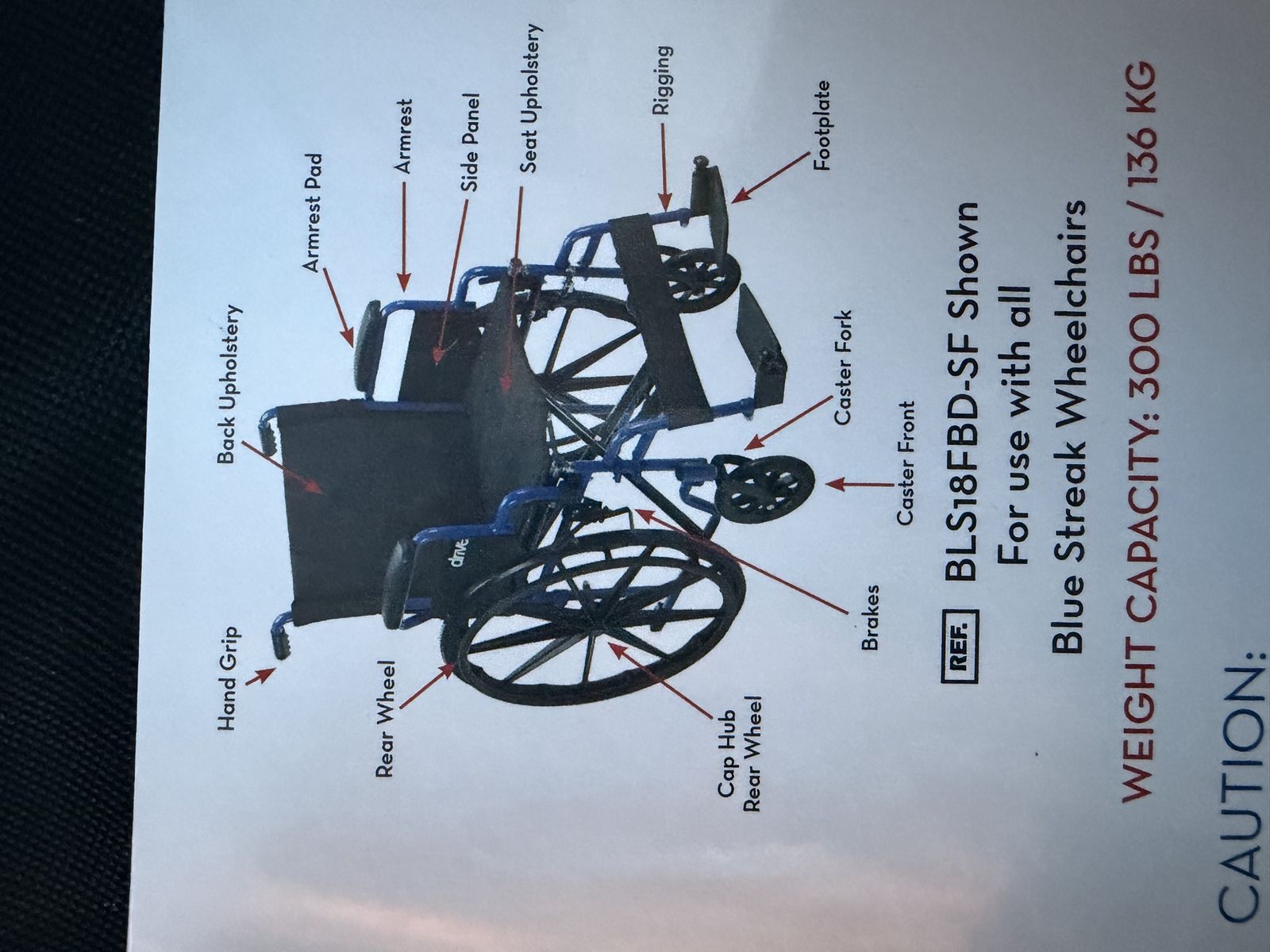 Drive Medical Blue Streak Wheelchair BLS18FBD-SF, 18-inch seat, 300lb capacity