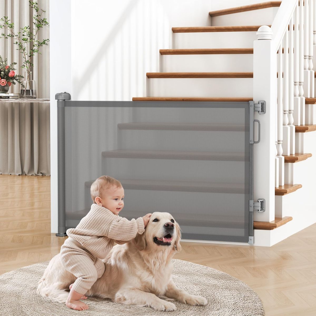 55" W x 34" H Retractable Baby Gate for Stairs & Doorways, Mesh Dog Gate Indoor Outdoor - GREY