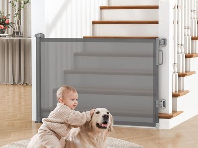 55" W x 34" H Retractable Baby Gate for Stairs & Doorways, Mesh Dog Gate Indoor Outdoor - GREY