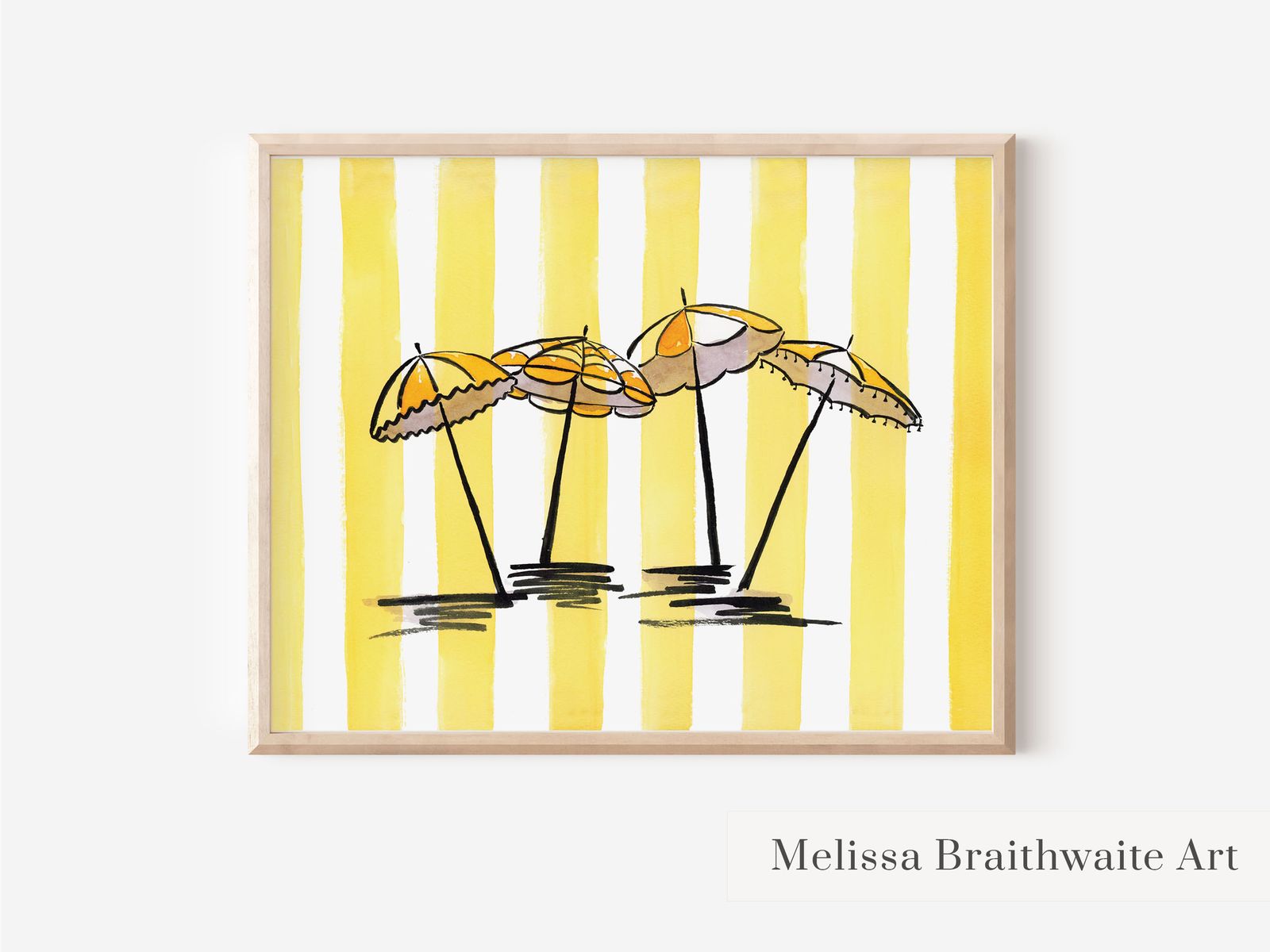 Yellow Stripe Beach Umbrellas Art Print: Watercolor Coastal Wall Decor