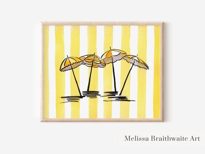 Yellow Stripe Beach Umbrellas Art Print: Watercolor Coastal Wall Decor