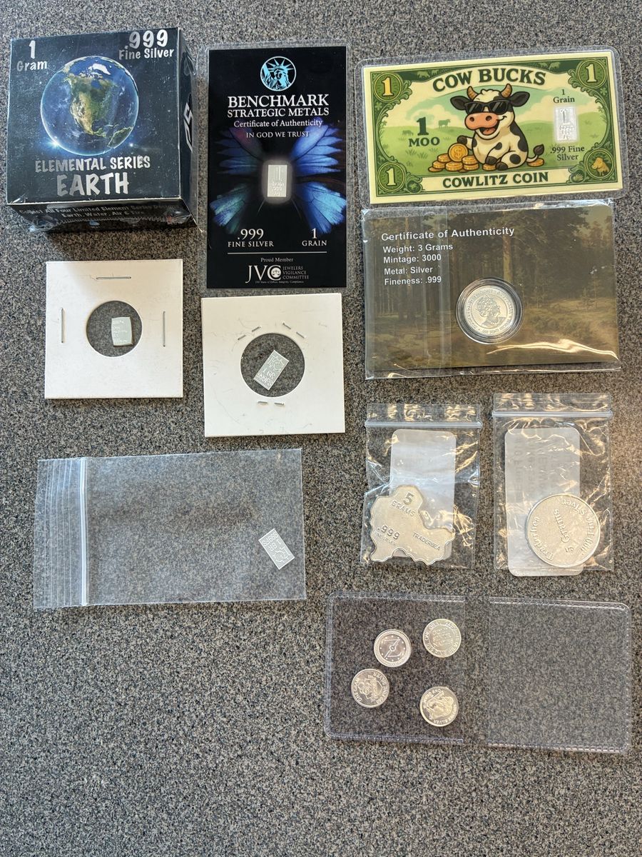 Assorted .999 Fine Silver Bars and Coins Lot. Various denominations