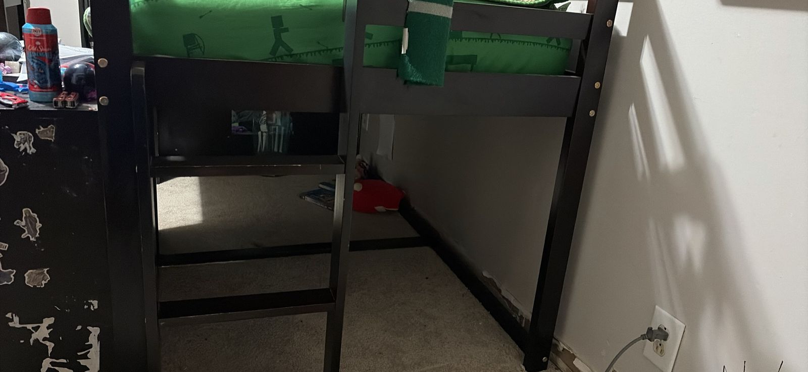 Kids Low Loft Bed Frame with Attached Ladder and Dresser - Dark Wood