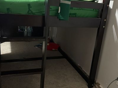 Kids Low Loft Bed Frame with Attached Ladder and Dresser - Dark Wood