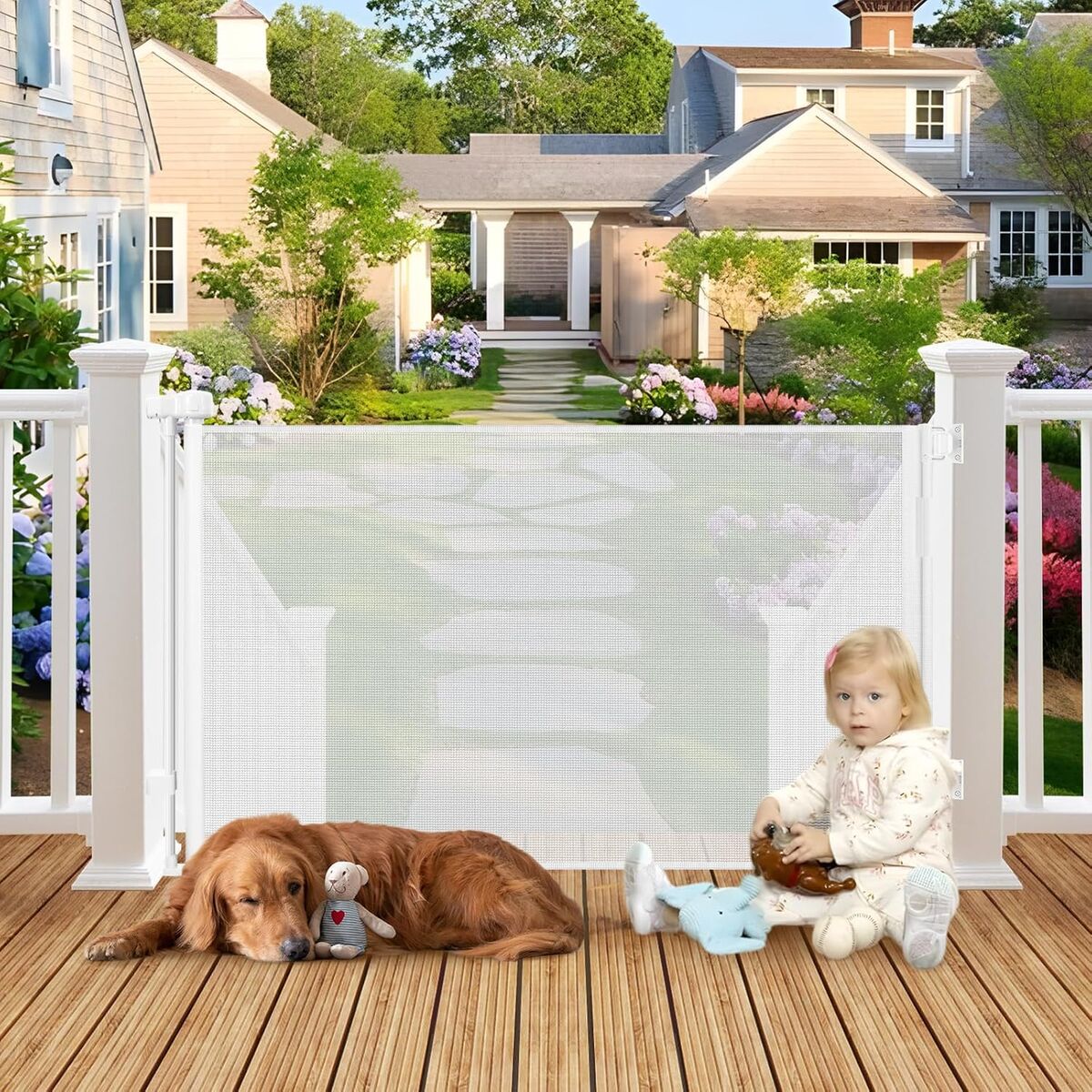 55" Wide Weatherproof Outdoor Retractable Baby Gates for Decks w/ No Rust Screws - WHITE