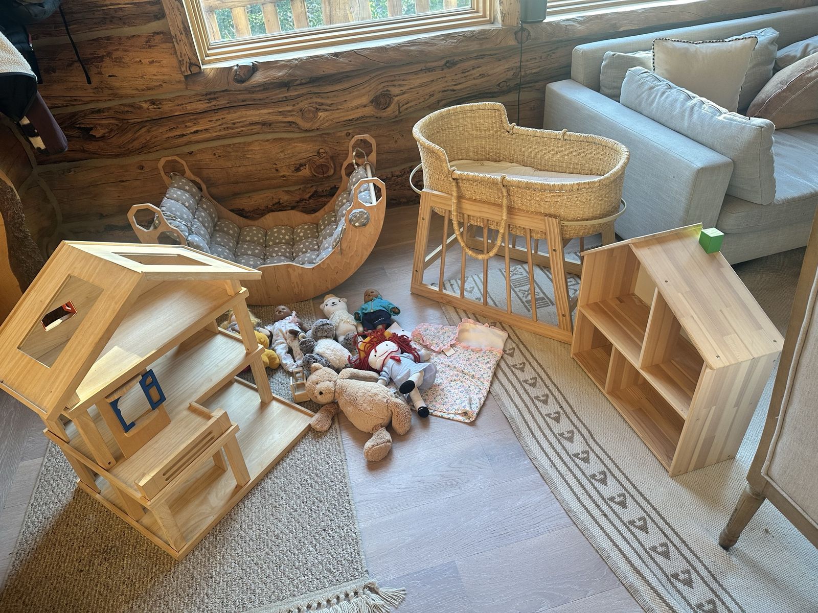 Wooden Dollhouse, Bassinet, & Toy Lot - Dolls, Stuffed Animals, Baby Hammock Moses basket