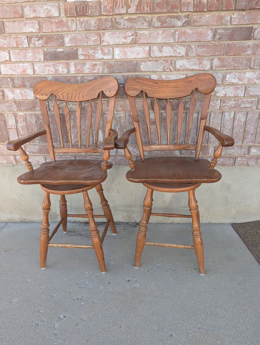 Solid Oak Swivel Bar Stools with Arms - Set of 2