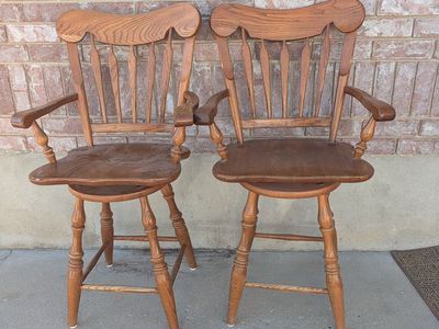 Solid Oak Swivel Bar Stools with Arms - Set of 2