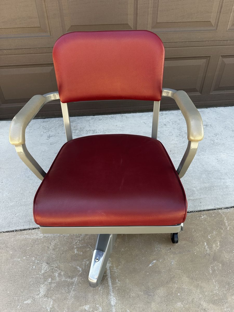GoodForm GF Industrial Aluminum Tanker Office Chair - Mid-Century Modern Swivel, Red Upholstery