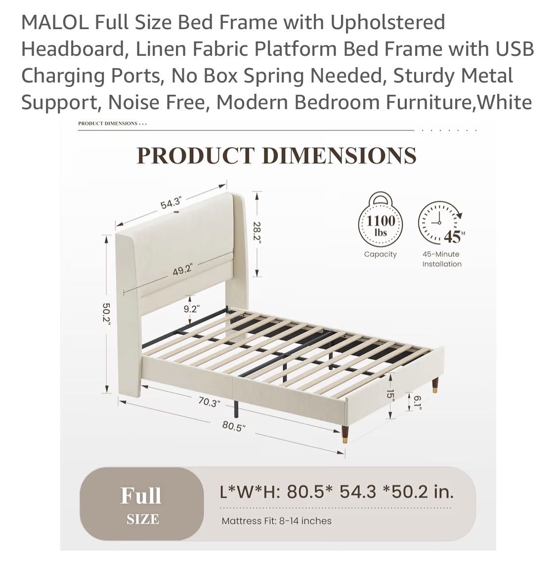 MALOL Full Size Upholstered Platform Bed Frame w/ USB Charging Ports, Linen Fabric, White