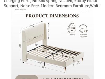 MALOL Full Size Upholstered Platform Bed Frame w/ USB Charging Ports, Linen Fabric, White