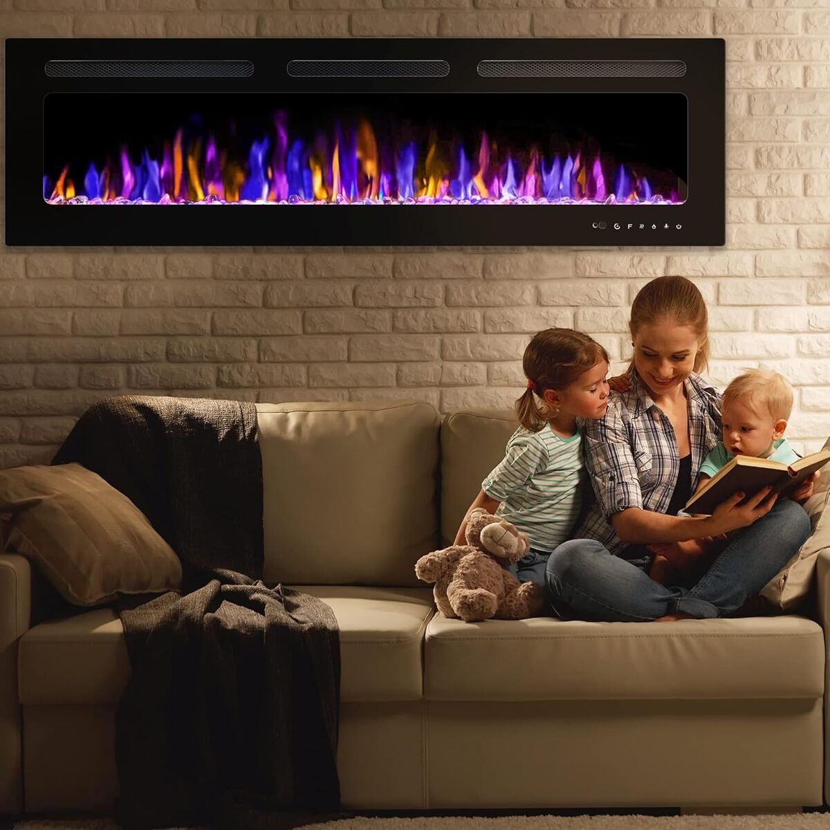 60" Electric Fireplace Wall Mounted and Recessed with Remote Control, Ultra-Thin Wall Fireplace Heater (CB)
