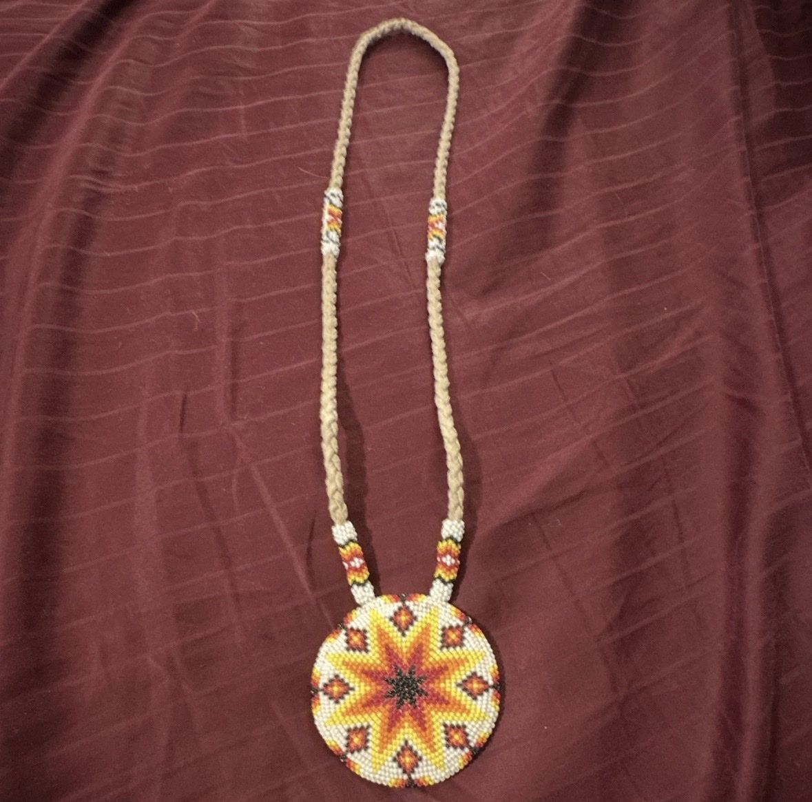 Handmade Native American Style Beaded Medallion Necklace Woven Cord Southwestern Folk Art
