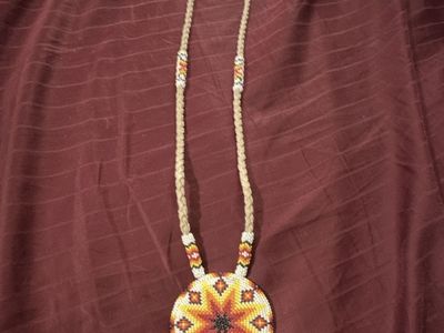 Handmade Native American Style Beaded Medallion Necklace Woven Cord Southwestern Folk Art