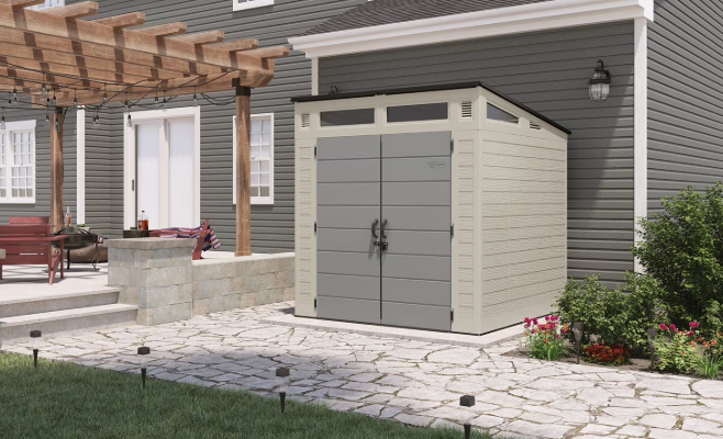 NIB Suncast 7' x 7' Modernist Resin Outdoor Storage Shed