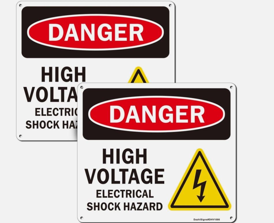 2 Pack, Danger High Voltage Sign, Electrical Shock Hazard Sign, Metal 8.6" x 10"