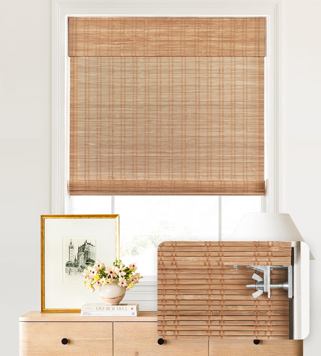 NEW (2) LazBlinds 24"x48" No Tools No Drill Cordless Bamboo Roman Shades, Light Filtering,