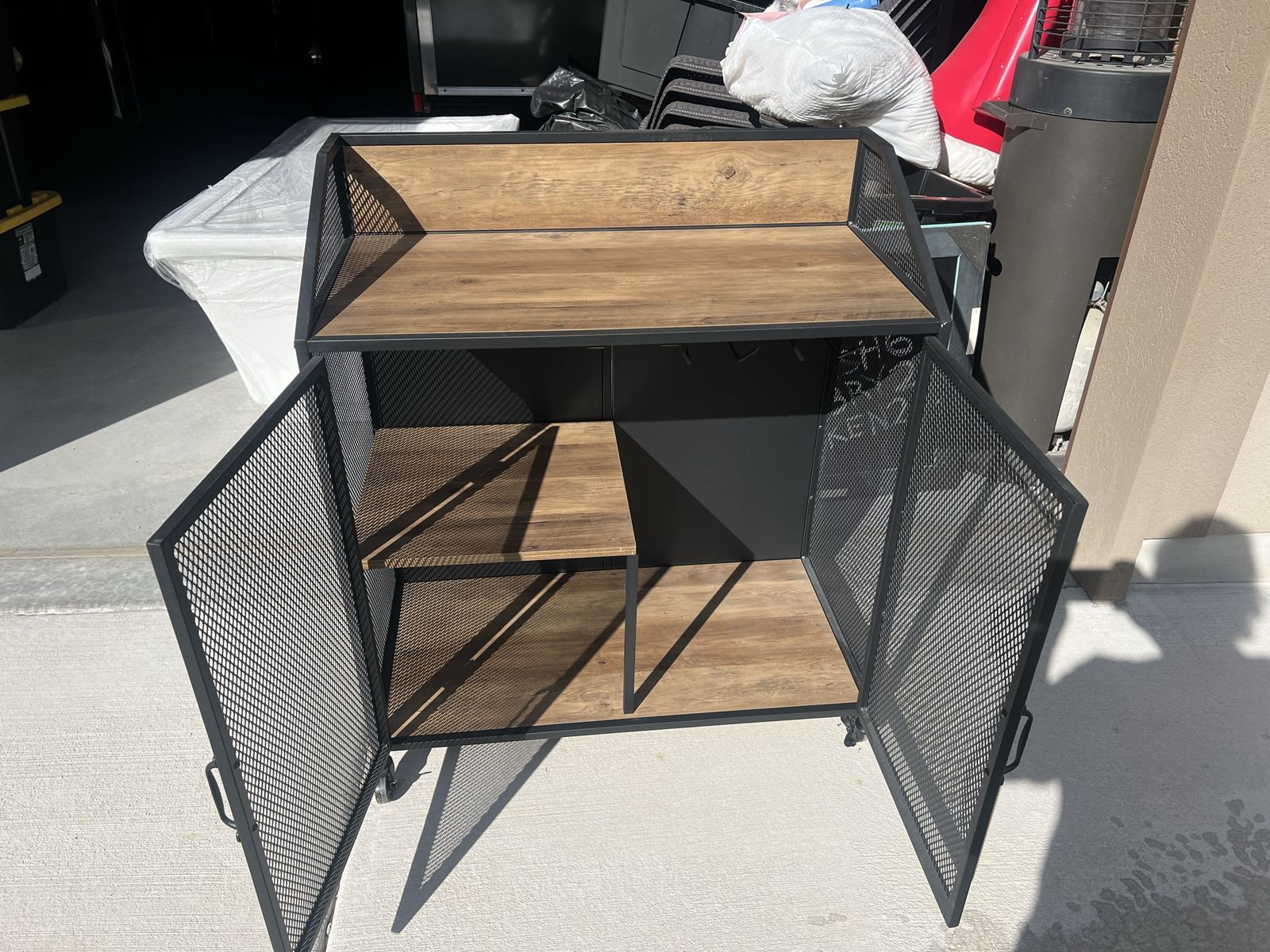 Industrial Style Bar Cart / Liquor Cabinet with Storage & Metal Mesh Doors