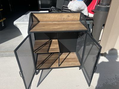 Industrial Style Bar Cart / Liquor Cabinet with Storage & Metal Mesh Doors
