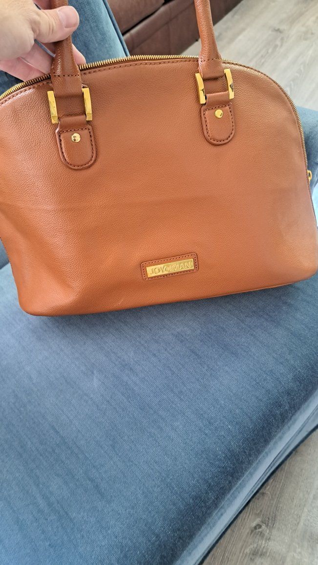 Joy & Iman Tan Brown Structured Satchel Handbag with Gold Hardware