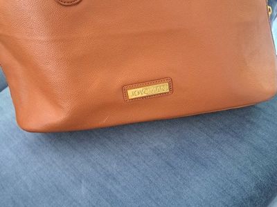 Joy & Iman Tan Brown Structured Satchel Handbag with Gold Hardware