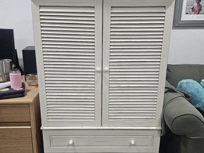 White Distressed Wooden Entertainment Armoire Cabinet with Shutter Doors and Drawers