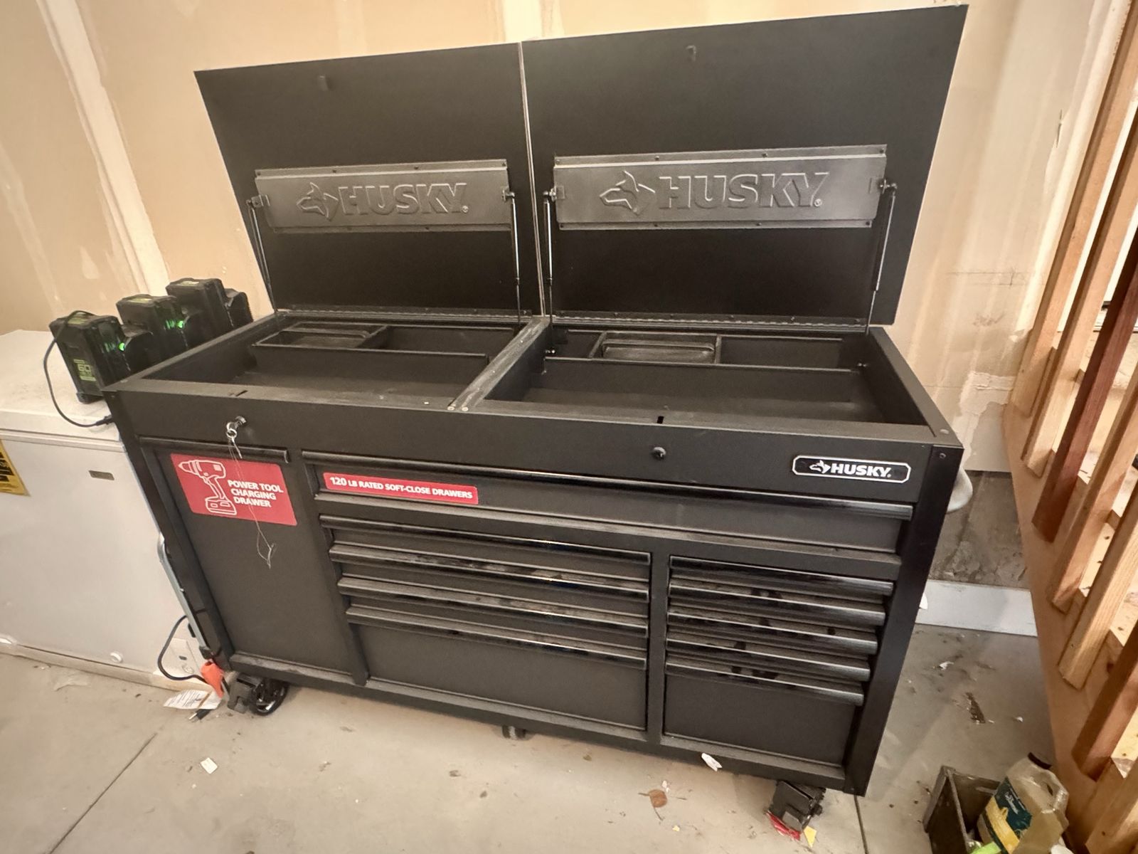NEW! Husky Heavy Duty Black Rolling Tool Chest Cabinet with Power Tool Charging Drawer and Top Storage