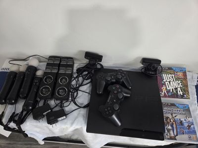 Sony PlayStation 3 Console with 2 PS Controllers Black 2 Games Included+ Move Bundle 4 Controllers Camera Dock OEM Tested