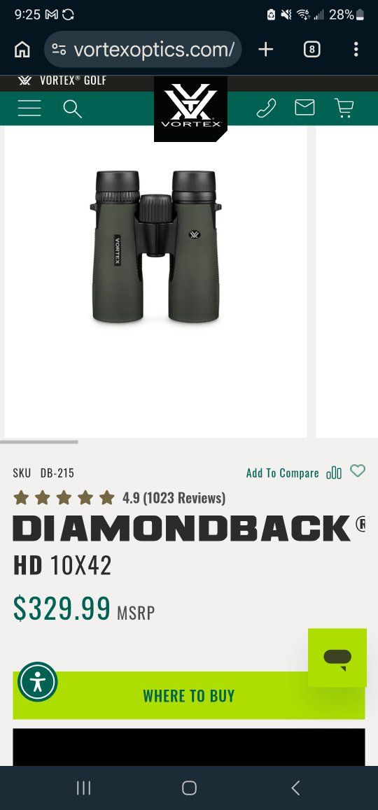Vortex Diamondback HD 10x42 Binoculars with Glasspak Harness - New in the box