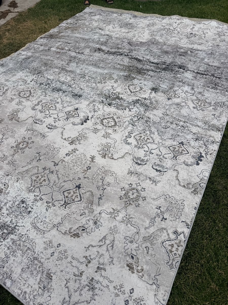 New. 9x13 Large Gray, Beige & White Distressed Area Rug - Faded Pattern Washable