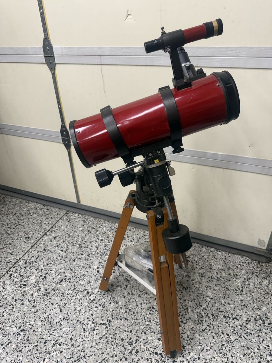 Vintage Tasco Red Reflector Telescope on Wooden Tripod with Finder Scope and Counterweight