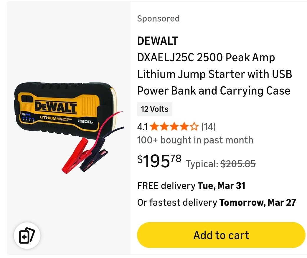 DeWALT lithium battery jump starter usb-c 2500a