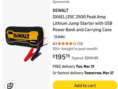 DeWALT lithium battery jump starter usb-c 2500a